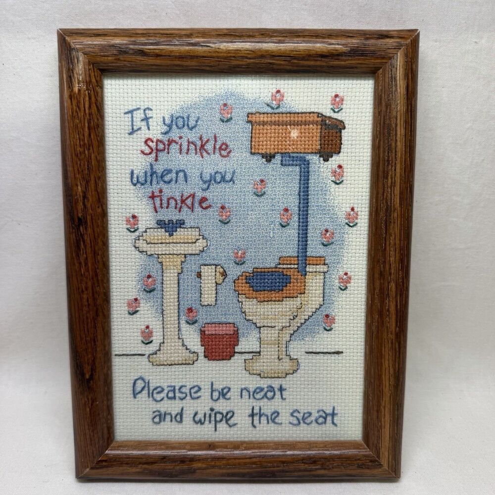 Vintage Framed Cross Stitch Funny Bathroom Sign Humor Toilet Wall Art 1993